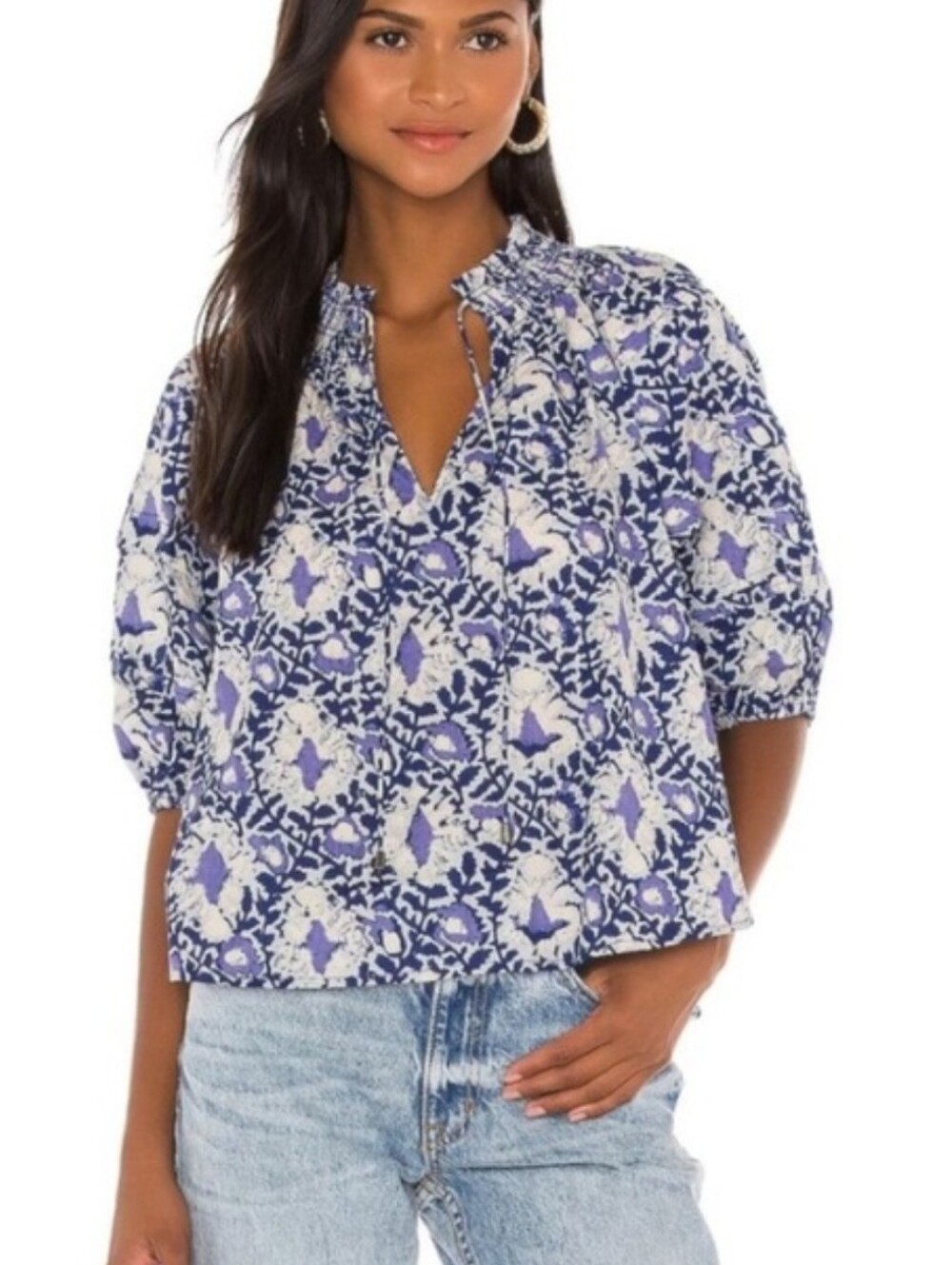 Free People Willow Printed Blouse In Blue Combo Size XS